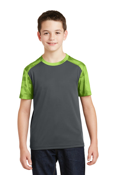 Sport-Tek YST371 Youth CamoHex Moisture Wicking Short Sleeve Crewneck T-Shirt Iron Grey/Lime Green Front