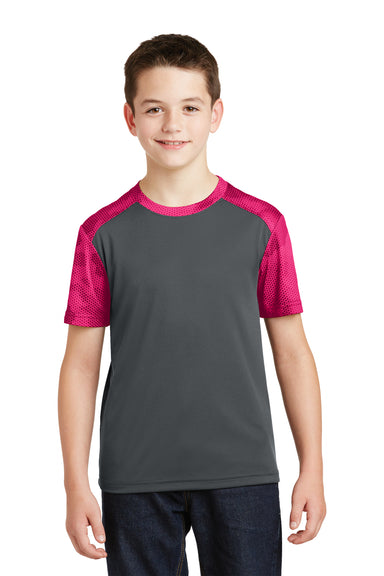 Sport-Tek YST371 Youth CamoHex Moisture Wicking Short Sleeve Crewneck T-Shirt Iron Grey/Fuchsia Pink Front