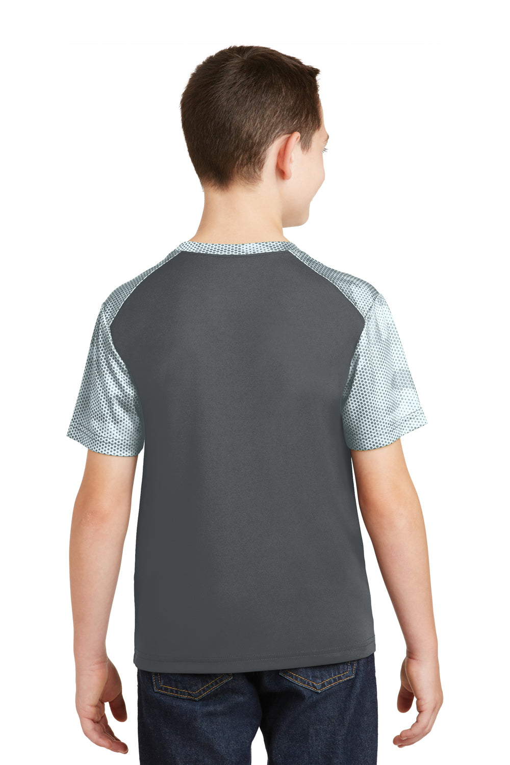 Sport-Tek YST371 Youth CamoHex Moisture Wicking Short Sleeve Crewneck T-Shirt Iron Grey/White Back