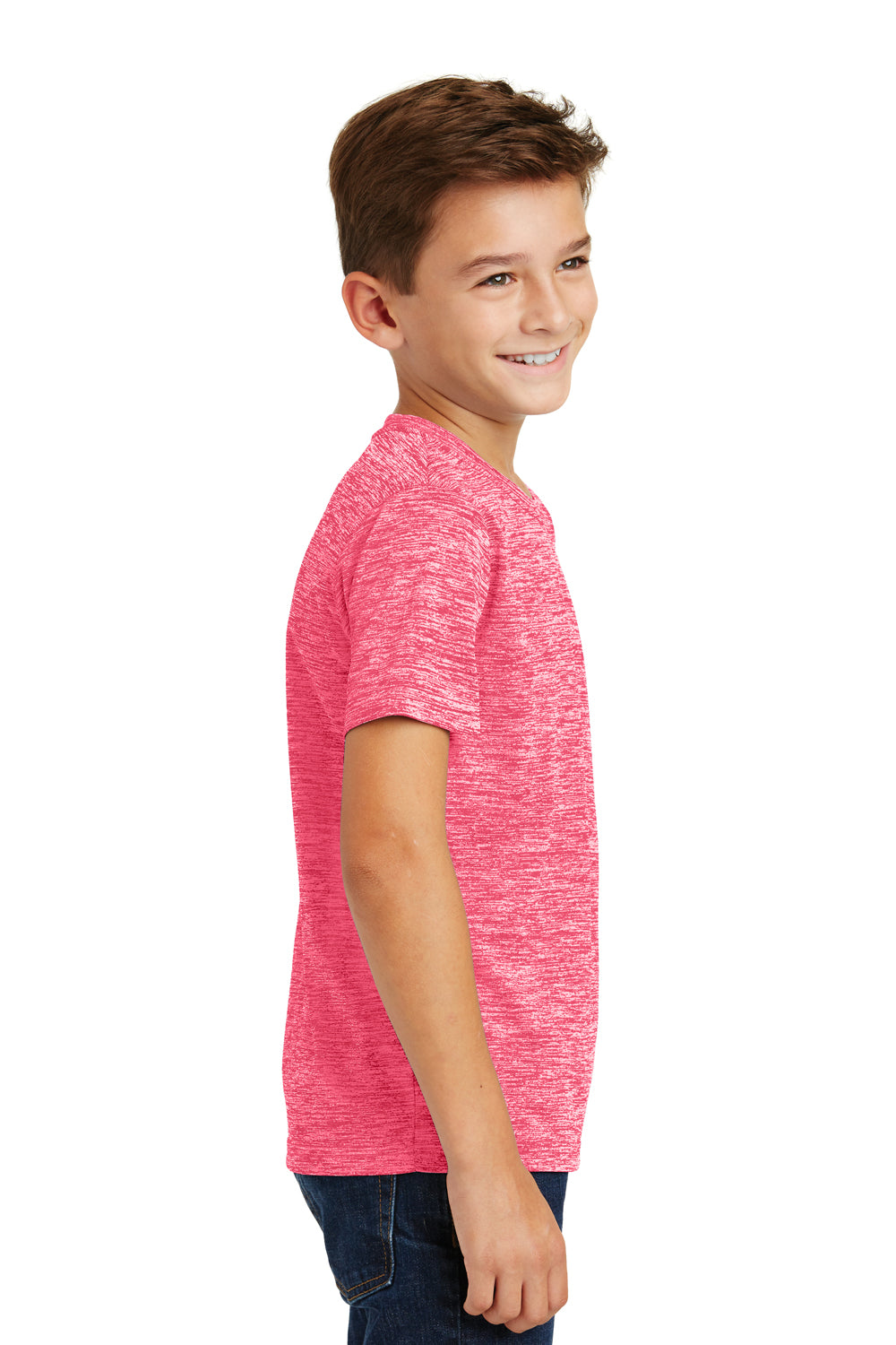 Sport-Tek YST390 Youth Electric Heather Moisture Wicking Short Sleeve Crewneck T-Shirt Fuchsia Pink Side