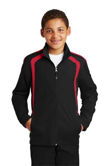 Sport-Tek YST60 Youth Water Resistant Full Zip Jacket Black/Red Front