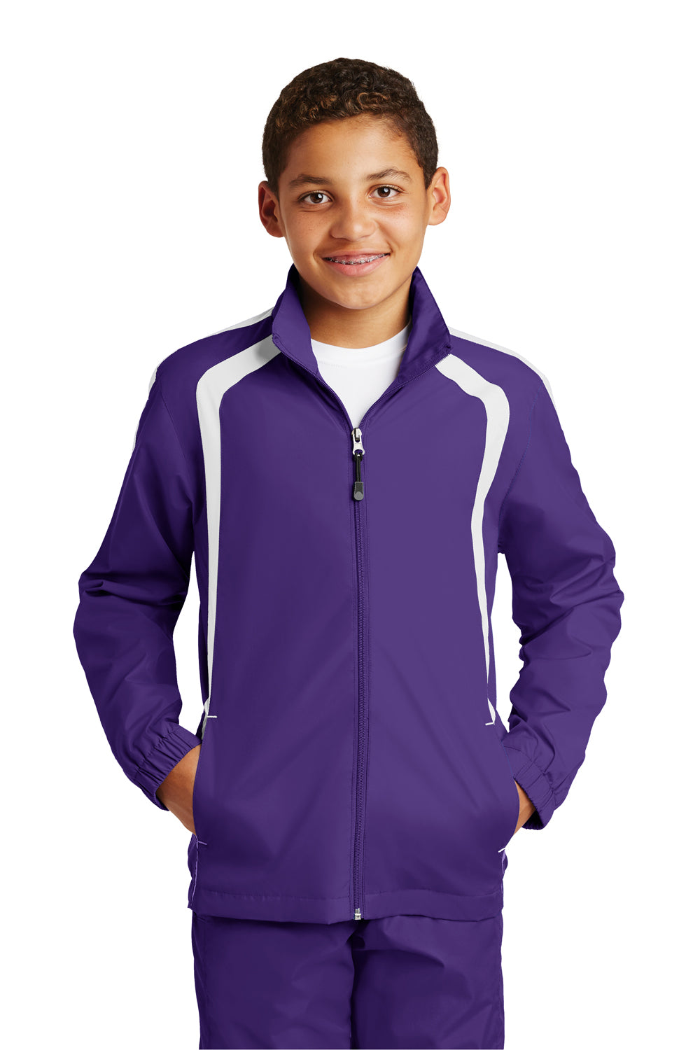 Sport-Tek YST60 Youth Water Resistant Full Zip Jacket Purple/White Front