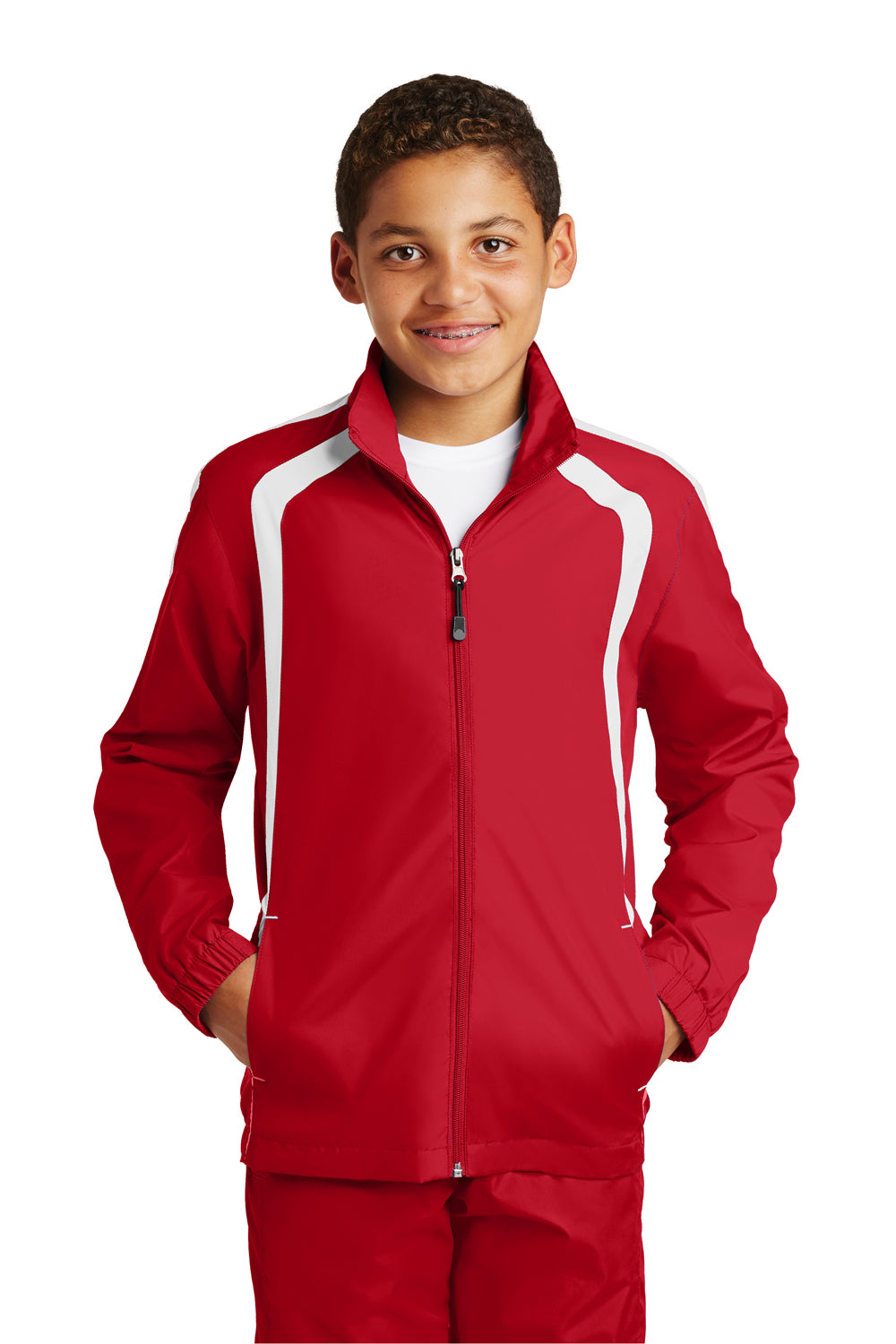 Sport-Tek YST60 Youth Water Resistant Full Zip Jacket Red/White Front