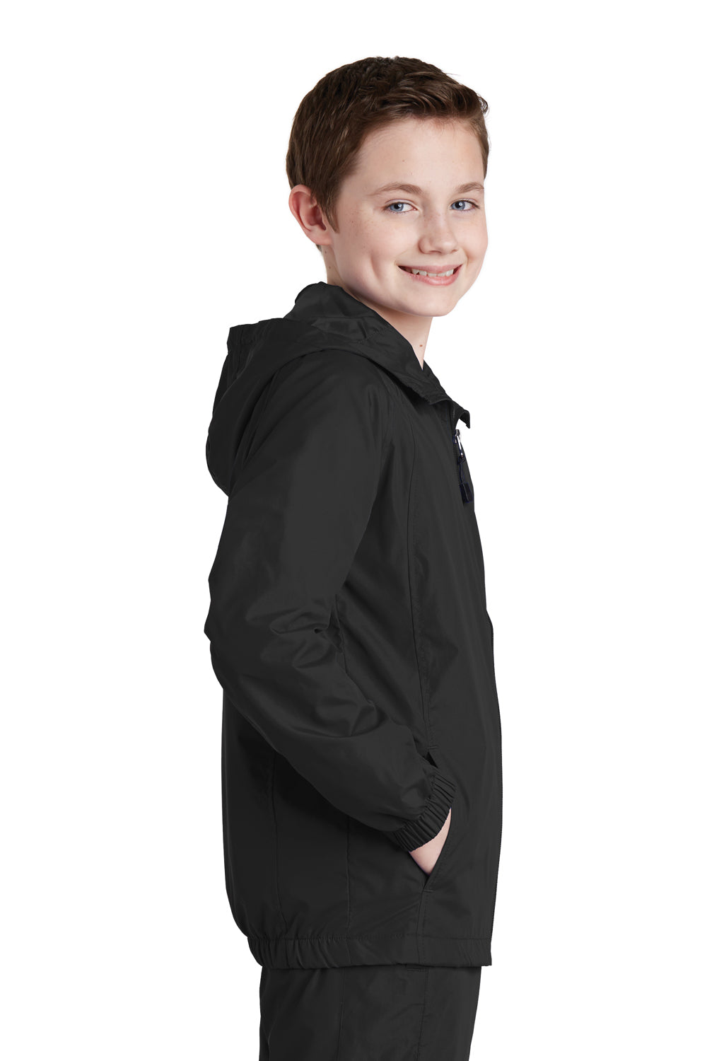 Sport-Tek YST73 Youth Water Resistant Full Zip Hooded Jacket Black Side
