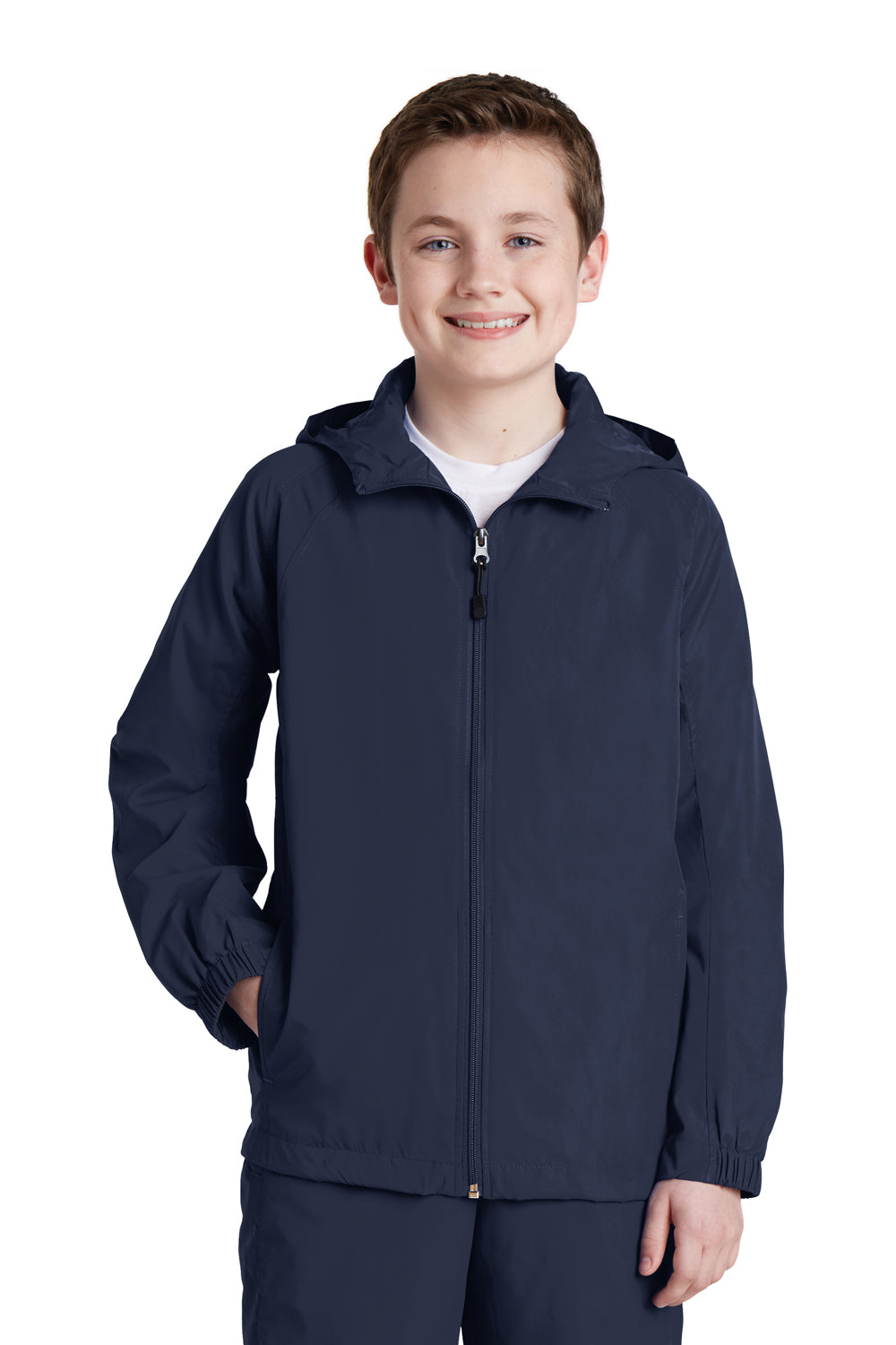 Sport-Tek YST73 Youth Water Resistant Full Zip Hooded Jacket Navy Blue Front