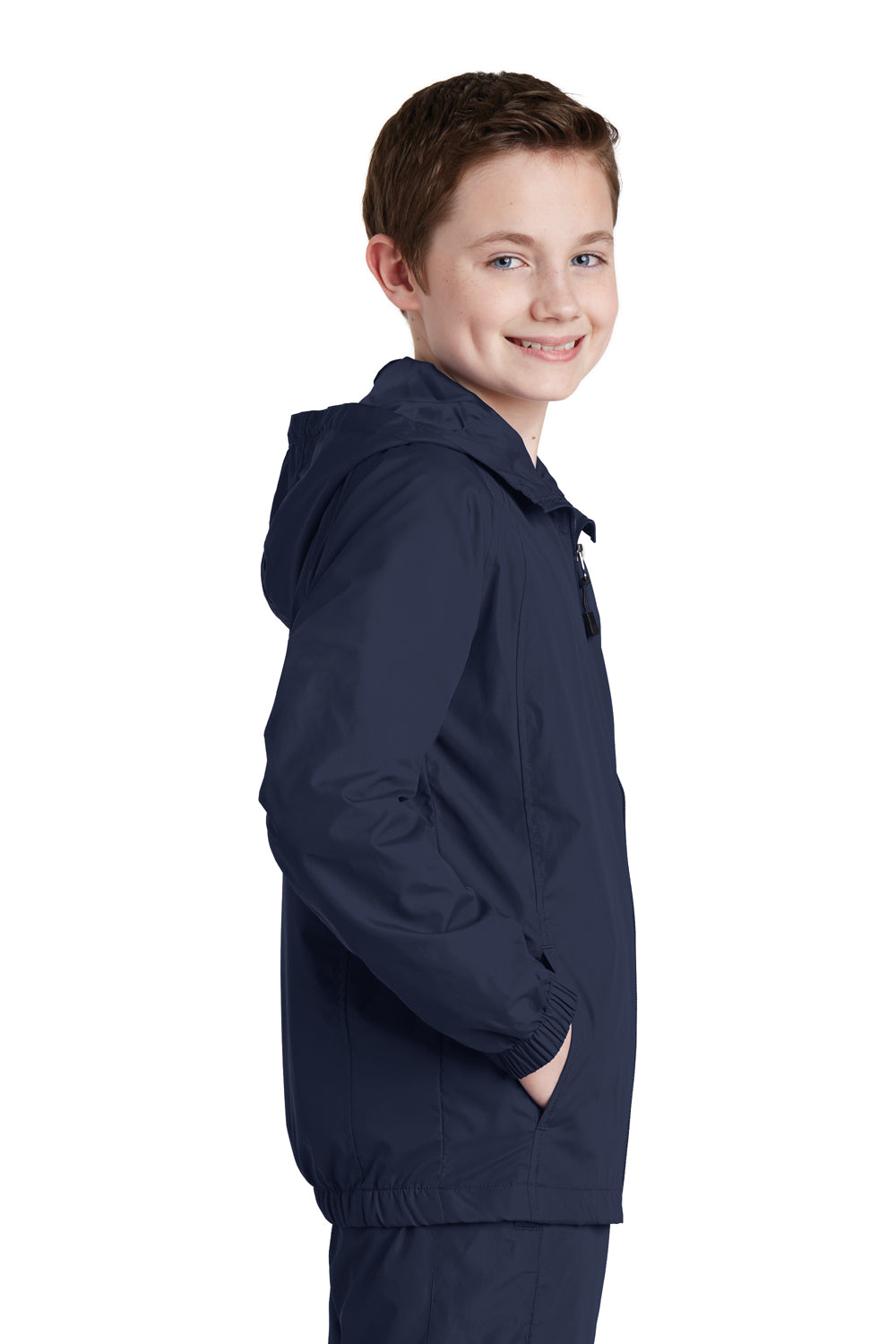 Sport-Tek YST73 Youth Water Resistant Full Zip Hooded Jacket Navy Blue Side