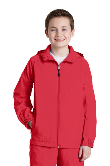 Sport-Tek YST73 Youth Water Resistant Full Zip Hooded Jacket Red Front