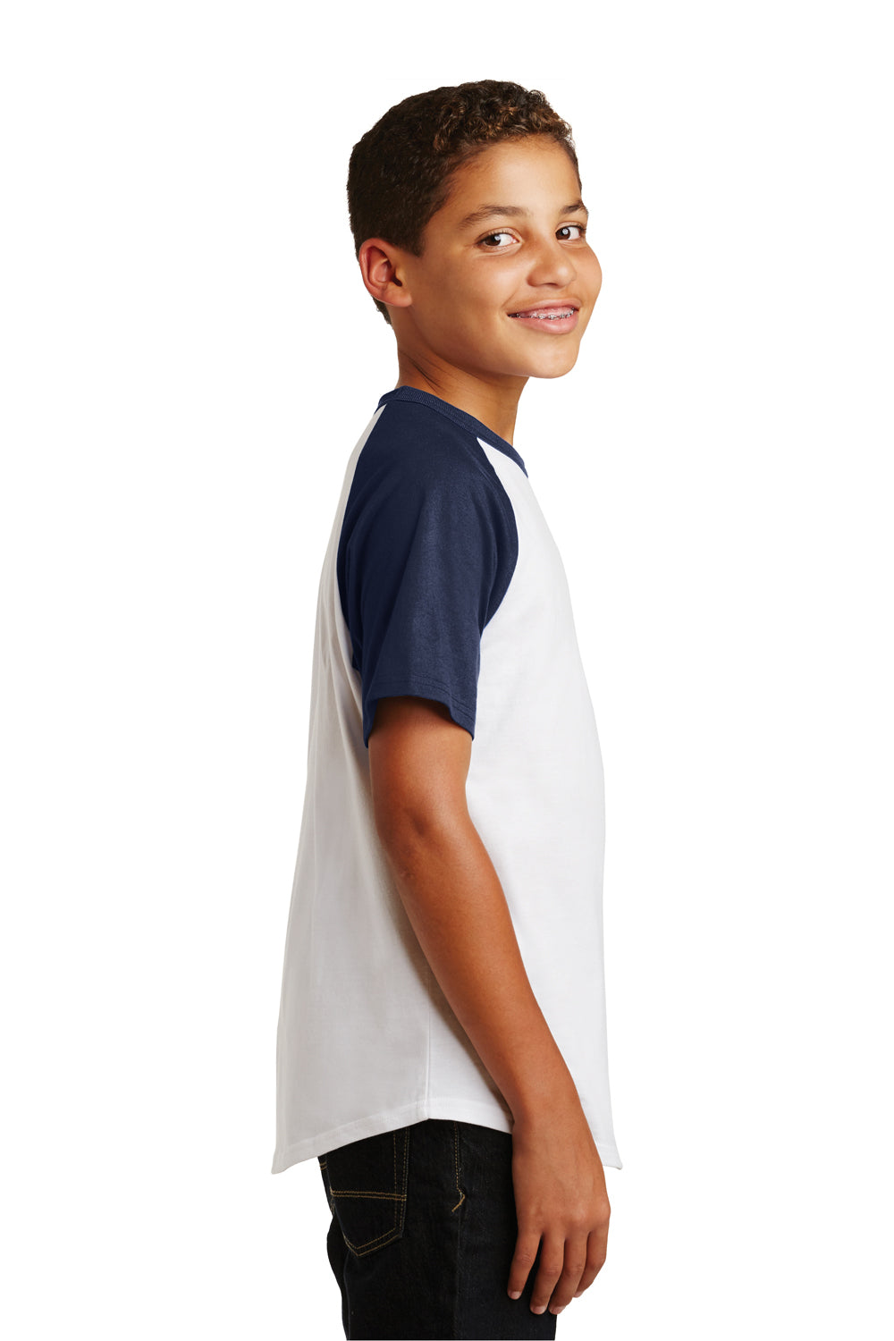 Sport-Tek YT201 Youth Short Sleeve Crewneck T-Shirt White/Navy Blue Side