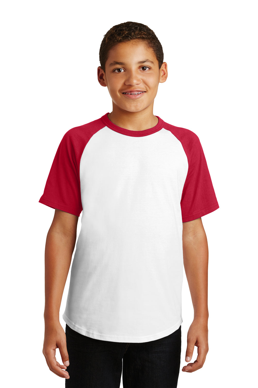 Sport-Tek YT201 Youth Short Sleeve Crewneck T-Shirt White/Red Front